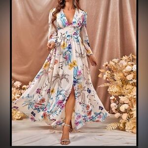 Long sleeve high slit cinched waist low cut v neck feminine girly bohemian dress